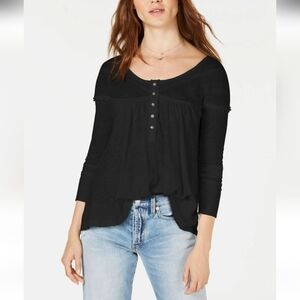 Free People We The Free Linen Down Under Henley Top Black